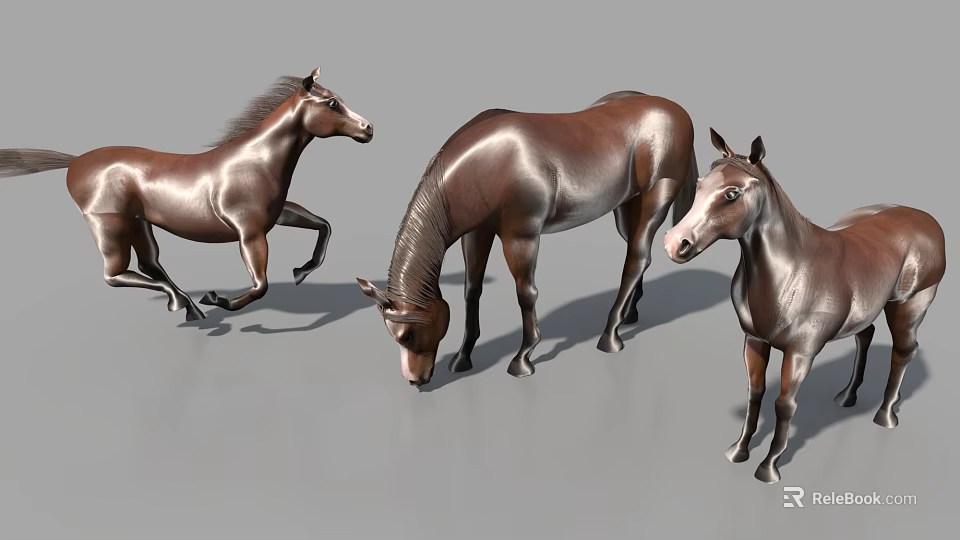 Brown Horses In Various Poses Including Running Bending And Standing 3d model