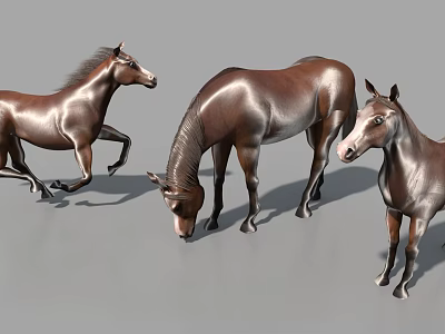 Brown Horses In Various Poses Including Running Bending And Standing 3d model