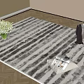 Square Gray and White Striped Rug on Herringbone Wooden Floor with White Flowers Magazines and Clothes