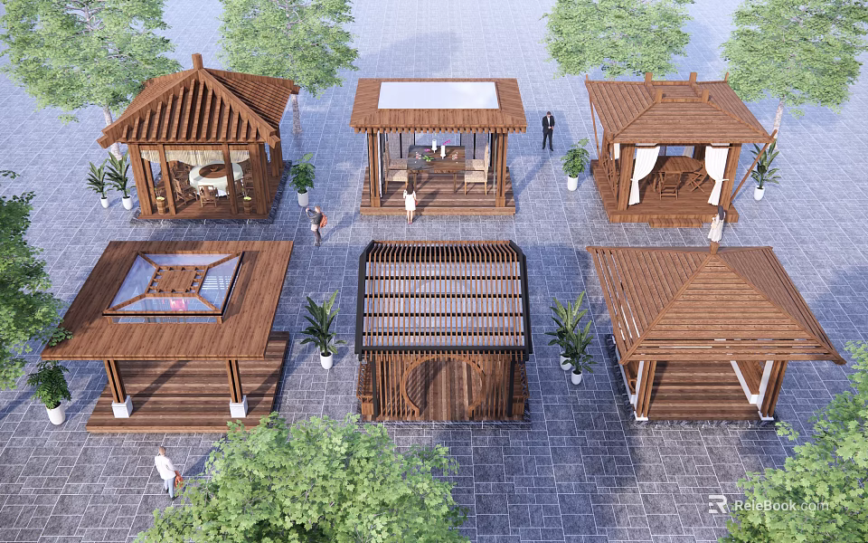 Wooden Landscape Pavilions With Various Designs Surrounded By Trees And Stone Pavement 3d model 