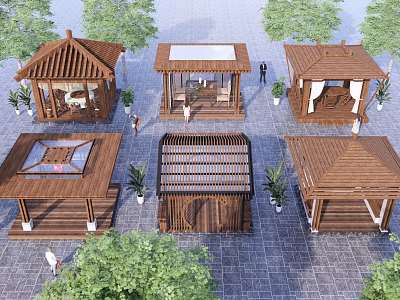 Wooden Landscape Pavilions With Various Designs Surrounded By Trees And Stone Pavement 3d model