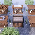 Wooden Landscape Pavilions With Various Designs Surrounded By Trees And Stone Pavement