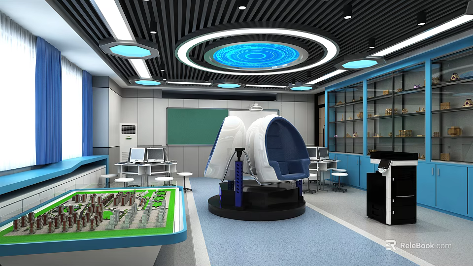 Modern Educational Lab Interior With VR Equipment City Model And Blue Ceiling Lights 3d model 