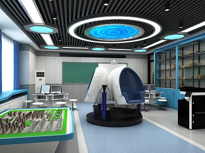 Modern Educational Lab Interior With VR Equipment City Model And Blue Ceiling Lights 3d model