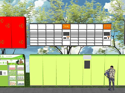 Person Using Green Public Facility With Information Sign Trees And Billboard 3d model