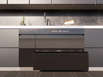 Modern Stainless Steel Kitchen Sink With Sleek Countertop Faucet And Cabinets 3d model