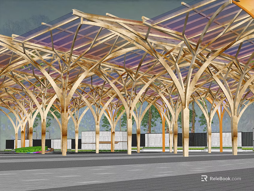 Wooden Arched Sunshade Canopy With Transparent Roof And Supporting Columns 3d model 