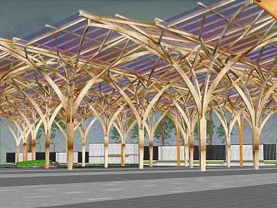Wooden Arched Sunshade Canopy With Transparent Roof And Supporting Columns 3d model