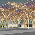 Wooden Arched Sunshade Canopy With Transparent Roof And Supporting Columns