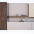 Modern Decorative Cabinet With Wooden Panels White Cabinetry And Glass Display Shelves