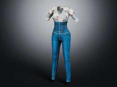 Short Sleeved Floral Pattern Blouse With High Waisted Fitted Jeans And Button Details 3d model