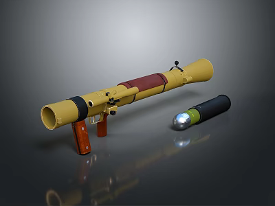 Yellow Rocket Launcher Weapon With Red Detail Brown Grip And Black Lighted Attachment 3d model