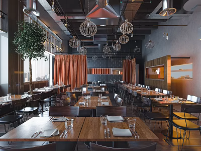 Modern Restaurant Interior With Wooden Tables Chairs Pendant Lights Orange Curtains And Green Plant 3d model