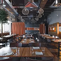 Modern Restaurant Interior With Wooden Tables Chairs Pendant Lights Orange Curtains And Green Plant