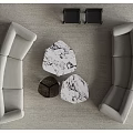 Curved Light Colored Sofa Set With Marble Coffee Tables And Black Chairs 3d model