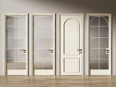 Modern White Interior Swing Doors Featuring Various Glass Patterns And Gold Handles 3d model