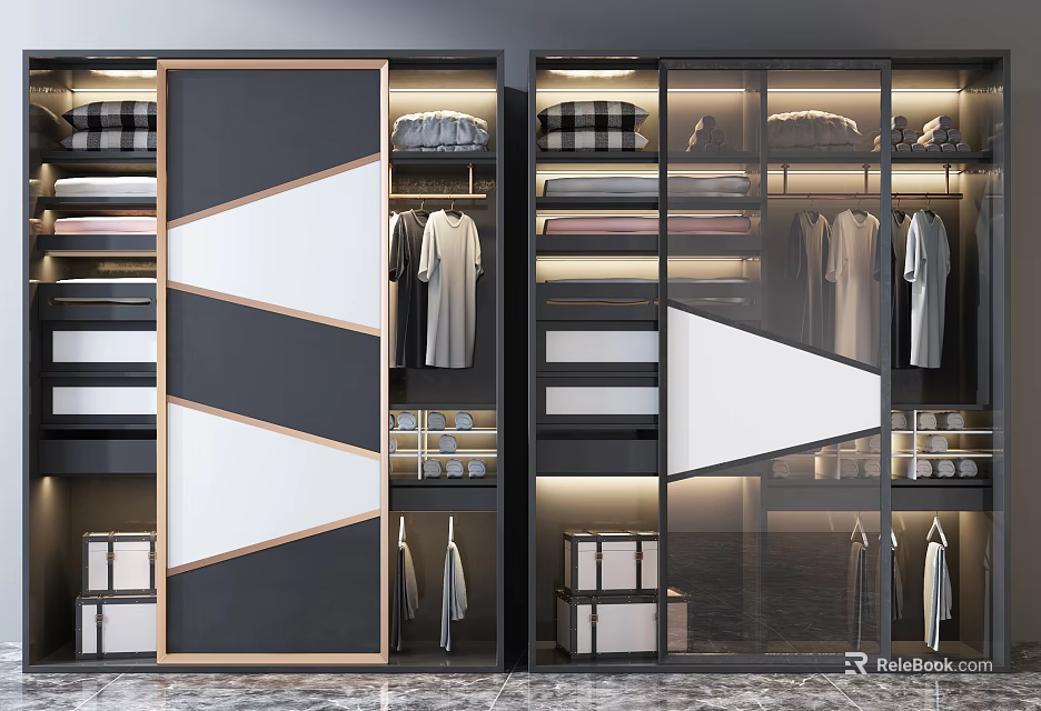 Modern Wardrobe With Geometric Panel And Glass Doors Hanging Space Storage Shelves Lighting 3d model 