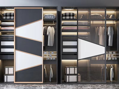 Modern Wardrobe With Geometric Panel And Glass Doors Hanging Space Storage Shelves Lighting 3d model
