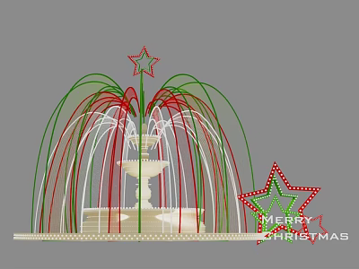 Christmas Decorated Fountain With Red Green Lights Star And Merry Christmas Sign 3d model