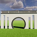 White Garden Wall Featuring Arched Doorway Decorative Top Green Grass Blue Sky Background