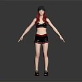 A Woman with Red Hair Wearing Black Cap Sports Bra Shorts Sneakers Against Dark Background