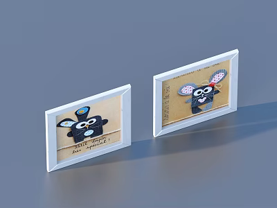 Two White Border Photo Frames With Cartoon Black Rabbit Ear Animal And Light Brown Background 3d model