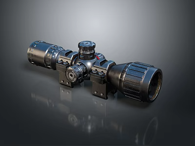 Black Telescopic Sight With Multiple Knobs And Components On Dark Background With Reflection 3d model