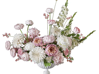 White Vase with Pink and White Flowers Elegant Fresh Floral Arrangement with Green Leaves 3d model
