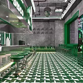 Green Themed Bar Interior Design With Counter Stools And Checkerboard Floor 3d model