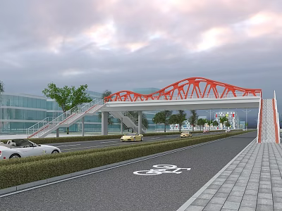 Modern Red Steel Bridge Over Road With Cars Bicycle Lane Trees And Buildings 3d model