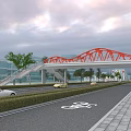 Modern Red Steel Bridge Over Road With Cars Bicycle Lane Trees And Buildings