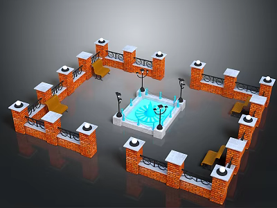 Traditional Courtyard Design With Red Brick Walls White Railings Lamp Posts Blue Pool And Benches 3d model