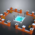 Traditional Courtyard Design With Red Brick Walls White Railings Lamp Posts Blue Pool And Benches