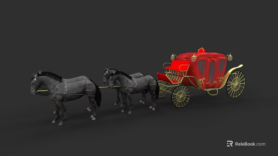 Red Vintage Car With Golden Decorations And Horse Carriage Inspired Design 3d model 