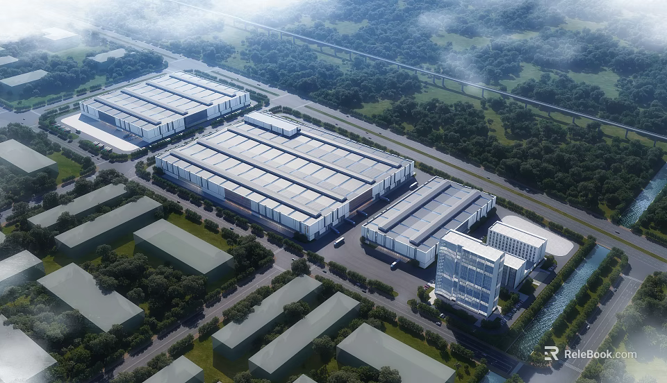 Aerial View of Modern Industrial Factory with Warehouse Buildings and Green Surroundings 3d model 
