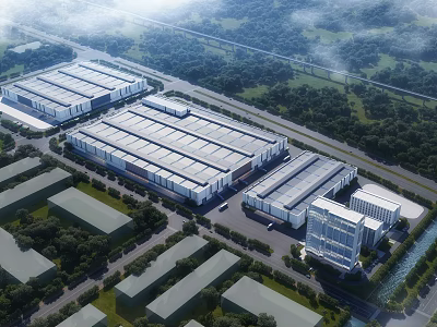 Aerial View of Modern Industrial Factory with Warehouse Buildings and Green Surroundings 3d model
