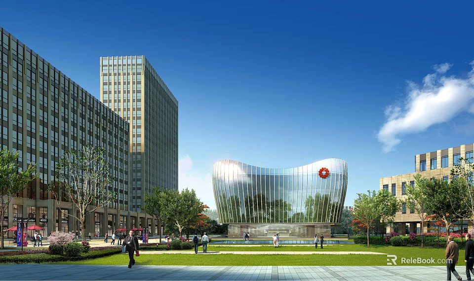 Contemporary Industrial Warehouse Featuring Glass Facade Plaza Area And Pedestrians Near Tall Buildings 3d model 