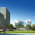 Contemporary Industrial Warehouse Featuring Glass Facade Plaza Area And Pedestrians Near Tall Buildings