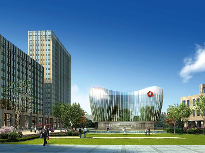 Contemporary Industrial Warehouse Featuring Glass Facade Plaza Area And Pedestrians Near Tall Buildings 3d model