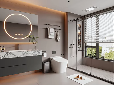 Modern Luxury Bathroom With LED Round Mirror Smart Toilet Marble Vanity And Glass Shower Area 3d model