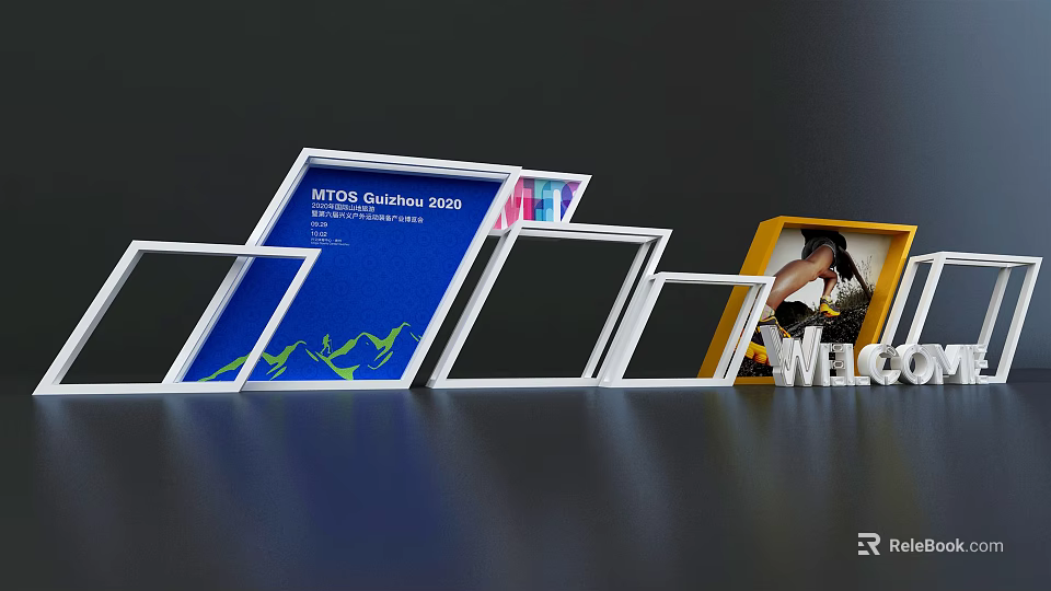 Check in Photo Spot With Multiple White Frames Blue Guidelines And Yellow Welcome Frame 3d model