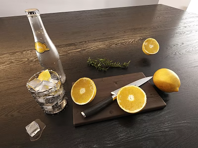 Kitchen Items With Lemon Knife Glass Rosemary And Sparkling Water 3d model