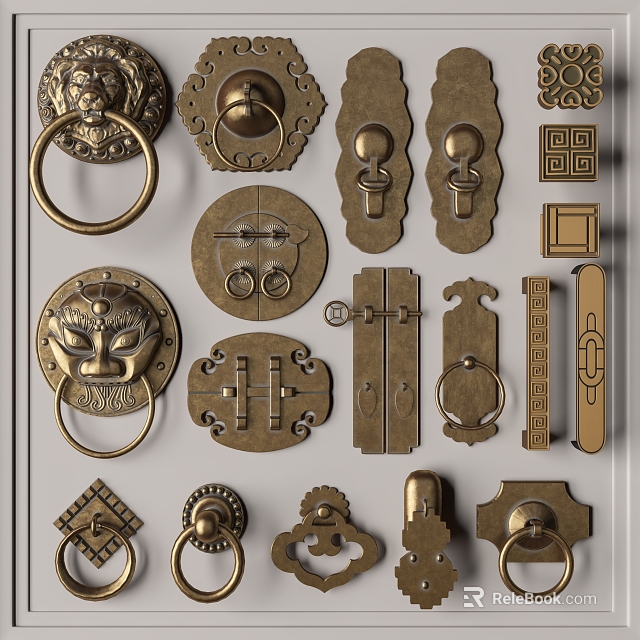 Various Styles of Metal Door Handles with Decorative Vintage Designs 3d model 