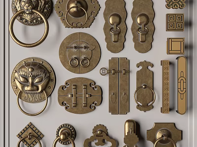 Various Styles of Metal Door Handles with Decorative Vintage Designs 3d model
