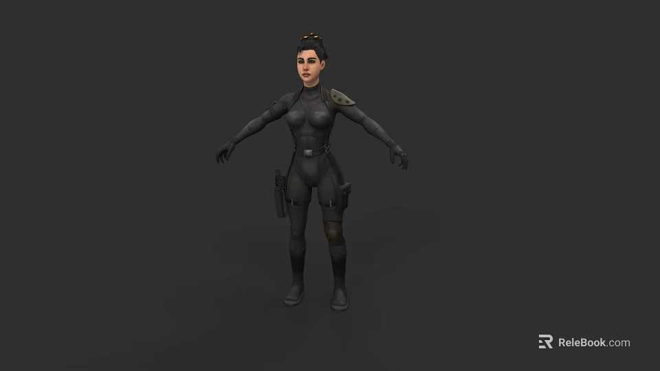 Game and Movie Character in Black Tight Uniform With Tactical Gear and Holster 3d model 