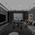 Modern Living Dining Room Interior With Large Sofa TV Marble Wall Coffee Table and Plants