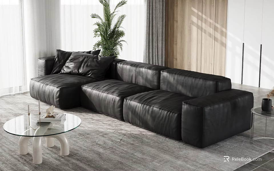 Modern Black Leather Sofa And Glass Coffee Table Set With Plant Curtain And Wooden Wall 3d model 