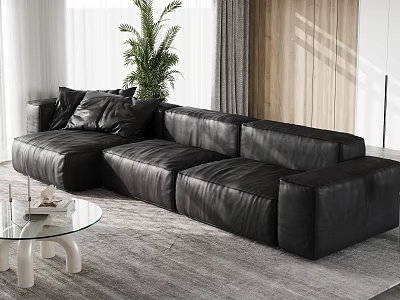 Modern Black Leather Sofa And Glass Coffee Table Set With Plant Curtain And Wooden Wall 3d model