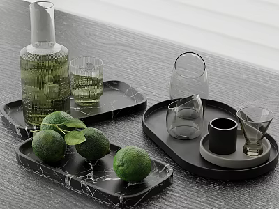 Modern Tabletop With Wine Bottles Glasses Trays And Limes 3d model