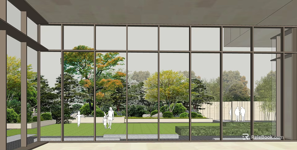 Hotel Building With Glass Facade Overlooking Garden Lawn And Trees 3d model 